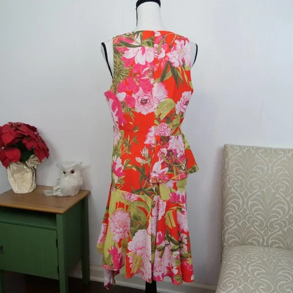 N Natori Asymmetrical Ruffle Tropical Dress Size 8 NWOT Bright Floral Sleeveless - Picture 2 of 10